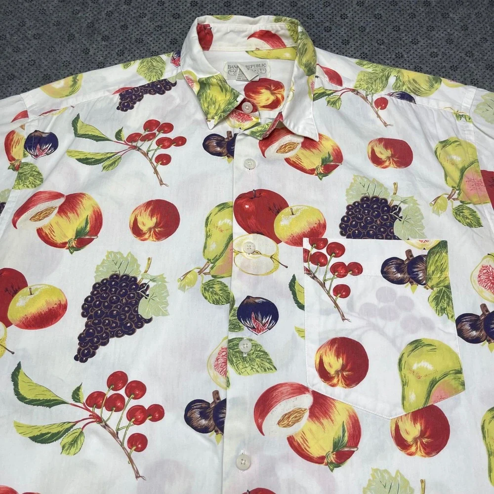 Vintage Banana Republic Fruit Print Shirt Mens MEDIUM Hawaiian Safari Travel Co